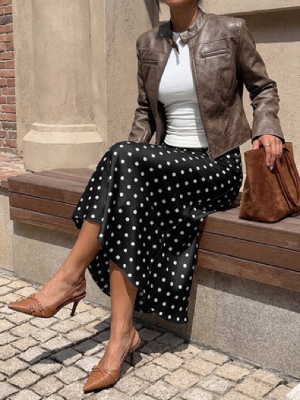 Polka Dot Satin Midi Skirt - Black/White
